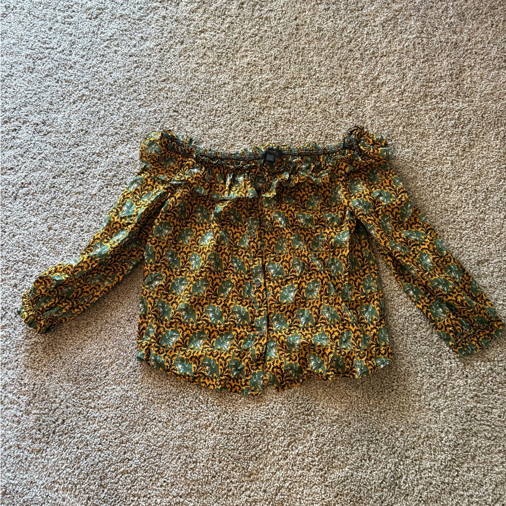 J. Crew Green And Yellow Elephant Off The Shoulder Peasant Blouse